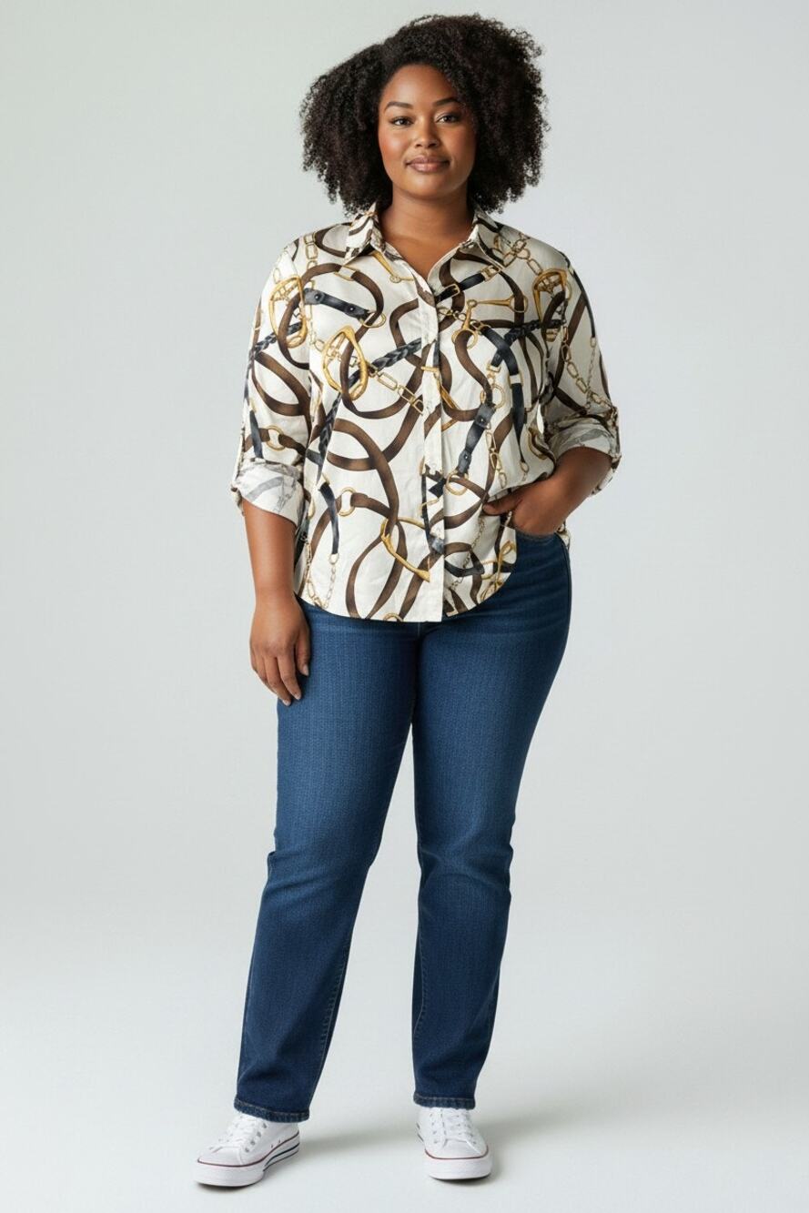 M Top Ralph Lauren long-sleeve button-down blouse equestrian horse bit belting